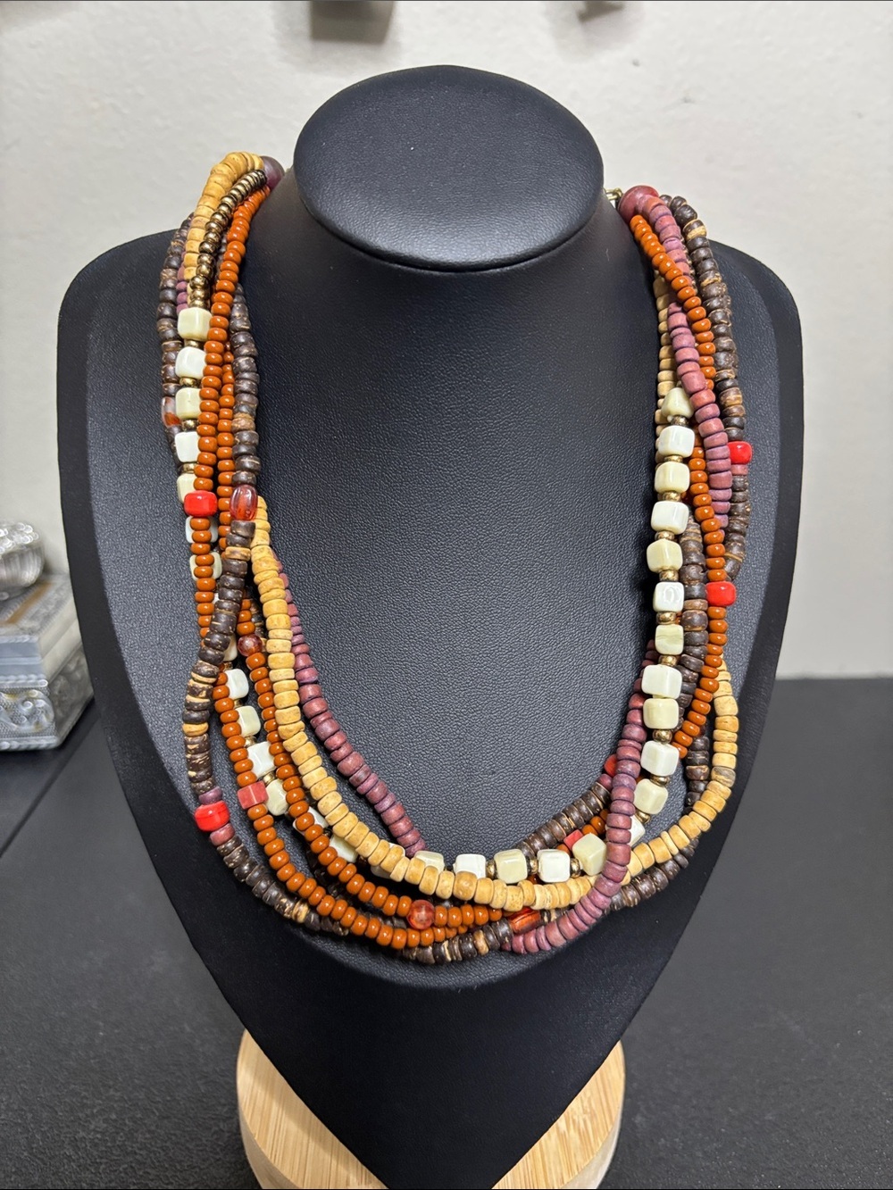 Chico’s Neutral Boho Wood Stone Beaded Layered Statement Necklace